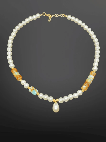 Bohem İnci Model Gold Detaylı Renkli Doğaltaşlarla Bijuteri Kolye | Etnik Renkli Tasarım ürün görseli 1