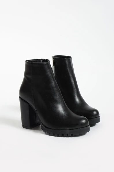 Pembe Potin Yuvarlak Burunlu Trak Tabanlı Orta Topuklu Fermuarlı Kadın Bot 51-404-23Cilt - Resim 8