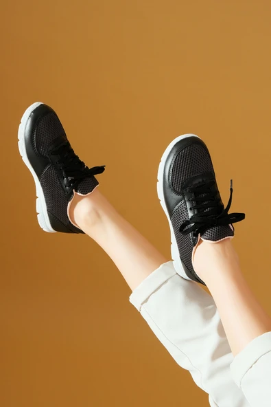 Pembe Potin Fileli Bağcıklı Comfort Taban Kadın Sneaker A1971-20SiyahFüme - 3