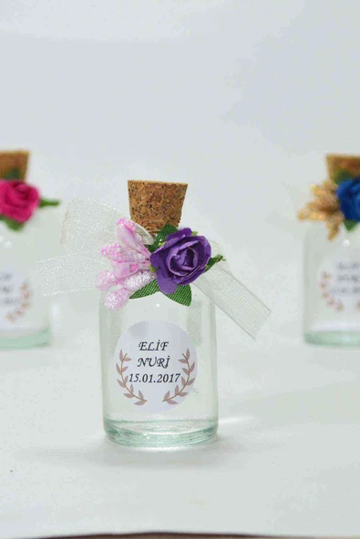 25 Adet Çiçekli Hediyelik Kolonya Şişesi, Nikah Şekeri, Bebek Şekeri - Şeffaf Mor