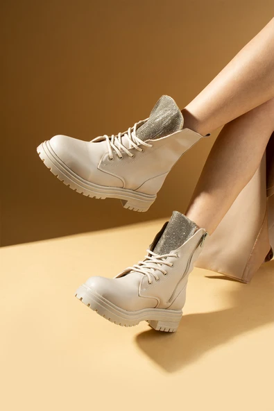 Pembe Potin Taş Detaylı Fermuarlı & Bağcıklı Kadın Postal Bot 57-472-23Cilt - Resim 4