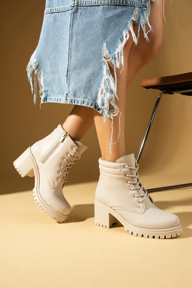 Pembe Potin Yüksek Taban Bağcıklı Yandan Fermuarlı Kadın Bot 57-222-24 - Resim 9