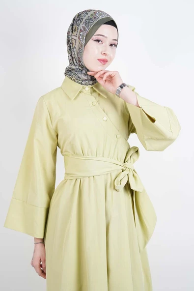 Tesettür Elbise Çapraz Düğmeli Dolama Kuşaklı Poplin Elbise Yeşil - 3