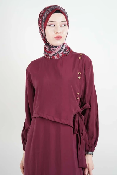 Tesettür Elbise Çift Düğme Detaylı Yandan Bağlamalı Modal Elbise Bordo - 3
