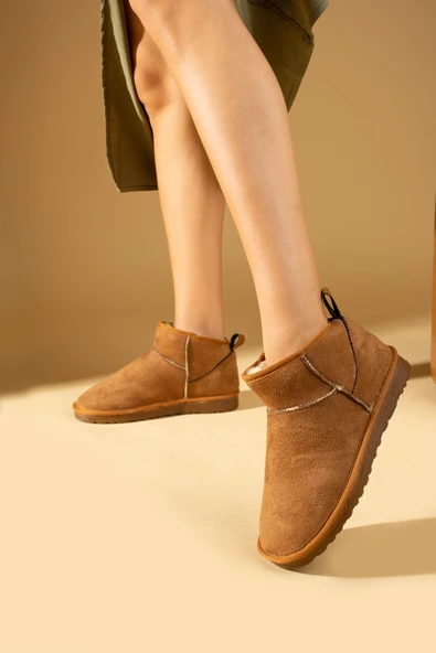 Pembe Potin İçi Yünlü Bilekte Mini Kadın Bot 007-1998-23Nubuk - Resim 3