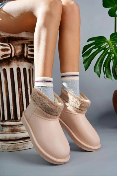 Pembe Potin İçi Kürk Detaylı Eva Taban Mat Faylon Kadın Yağmur Botu 59-882-24 - Resim 12