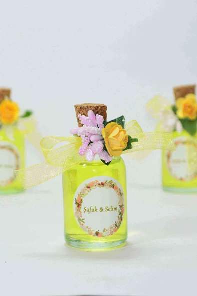 25 Adet Çiçekli Hediyelik Kolonya Şişesi, Nikah Şekeri, Bebek Şekeri - Pembe Sarı