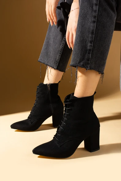 Pembe Potin Sivri Burun Bağcıklı Yandan Fermuarlı Kalın Topuklu Kadın Bot 86-307-24Süet ürün görseli