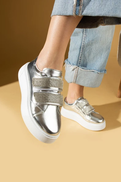 Pembe Potin Çift Bant Taş Detaylı Kalın Taban Kadın Sneaker 001-8282-24 - 7