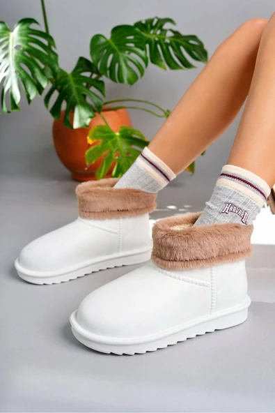 Pembe Potin İçi Kürk Detaylı Eva Taban Mat Faylon Kadın Yağmur Botu 59-882-24 - Resim 4