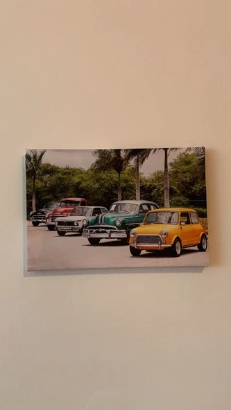 Renkli Araba Temalı Natürel Tasarım Ahşap Çerçeve Ev İşyeri Ofis Duvar Kanvas Tablo ARB3 - 5