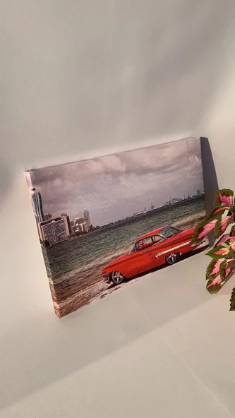 Kırmızı Araba Ve Deniz Temalı Natürel Tasarım Ahşap Çerçeve Ev İşyeri Duvar Kanvas Tablo ARB6 - 4