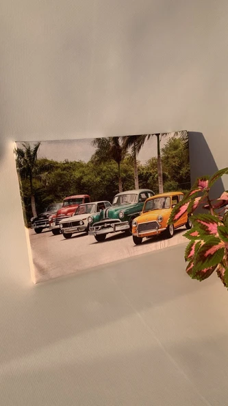 Renkli Araba Temalı Natürel Tasarım Ahşap Çerçeve Ev İşyeri Ofis Duvar Kanvas Tablo ARB3 - 7