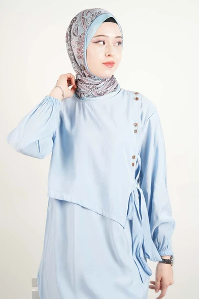 Tesettür Elbise Çift Düğme Detaylı Yandan Bağlamalı Modal Elbise Mavi - 3