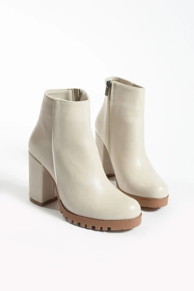 Pembe Potin Yuvarlak Burunlu Trak Tabanlı Orta Topuklu Fermuarlı Kadın Bot 51-404-23Cilt - Resim 7