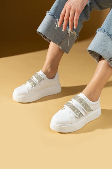 Pembe Potin Çift Bant Taş Detaylı Kalın Taban Kadın Sneaker 001-8282-24 - 4