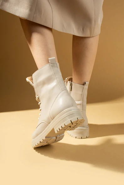 Pembe Potin Taş Detaylı Fermuarlı & Bağcıklı Kadın Postal Bot 57-472-23Cilt - Resim 6