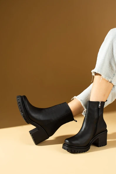 Pembe Potin Kalın Taban Fermuarlı Sıcak Astar Kadın Bot 024-028-24 - Resim 6