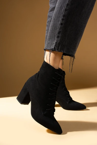 Pembe Potin Sivri Burun Bağcıklı Yandan Fermuarlı Kalın Topuklu Kadın Bot 86-307-24Süet - Resim 3