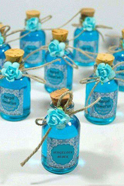 25 Adet Çiçekli Hediyelik Kolonya Şişesi, Nikah Şekeri, Bebek Şekeri - MAVİ
