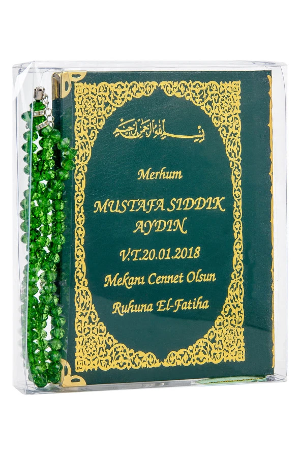 50 ADET - İsim Baskılı Ciltli Yasin Kitabı - Çanta Boy - 128 Sayfa - Tesbihli - Şeffaf Kutulu - Yeşil Renk - Dini Hediyelik Set