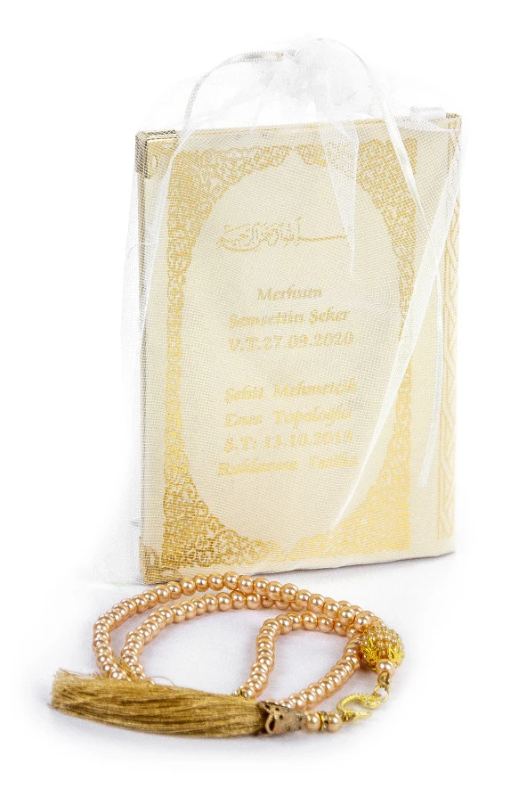 50 ADET - İsim Baskılı Ciltli Yasin Kitabı - Çanta Boy - 128 Sayfa - İnci Tesbihli - Krem Renk - Mevlit Hediyesi ürün görseli 1