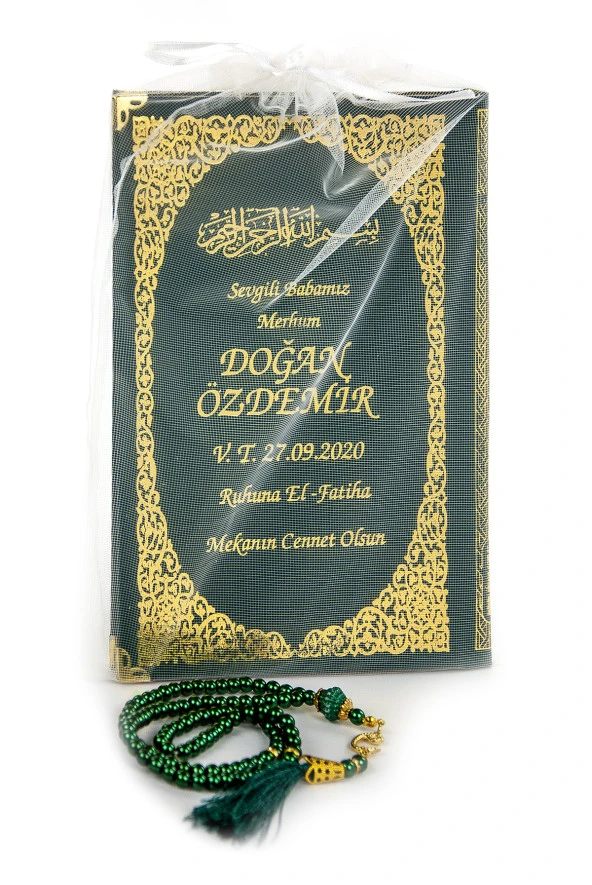 50 ADET - İsim Baskılı Ciltli Yasin Kitabı - Orta Boy - İnci Tesbihli - Tül Keseli - Yeşil Renk