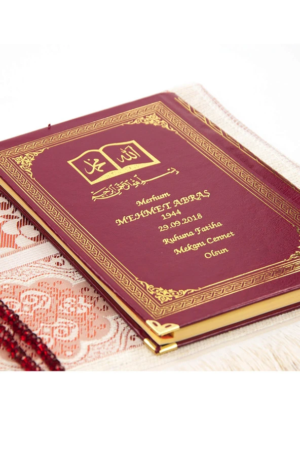 50 ADET - İsim Baskılı Ciltli Yasin Kitabı - Seccade - Kristal Tesbih Set - Mevlit Hediyesi - Resim 3