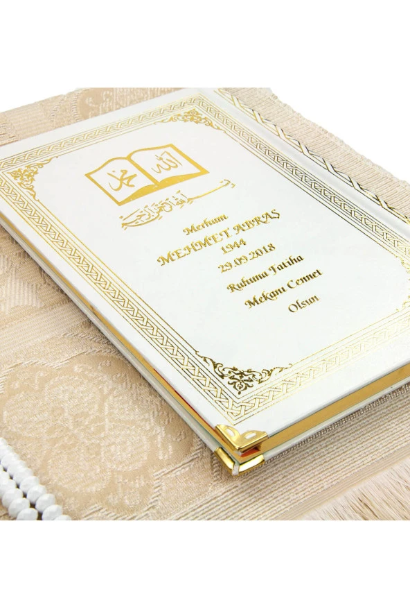 50 ADET - İsim Baskılı Ciltli Yasin Kitabı - Seccade - Kristal Tesbih Set - Mevlüt Hediyesi - Resim 2