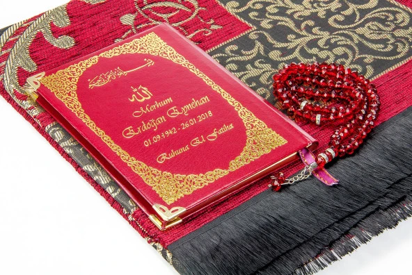 50 ADET - İsim Baskılı Ciltli Yasin Kitabı - Seccadeli - Tesbihli - Kutulu - Kırmızı - Mevlit Hediye Seti - Resim 3