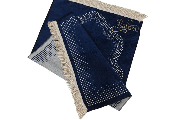 Kişiye Özel İsim İşlemeli Mihrap Desenli Düz Şönil Seccade Lacivert - Resim 4