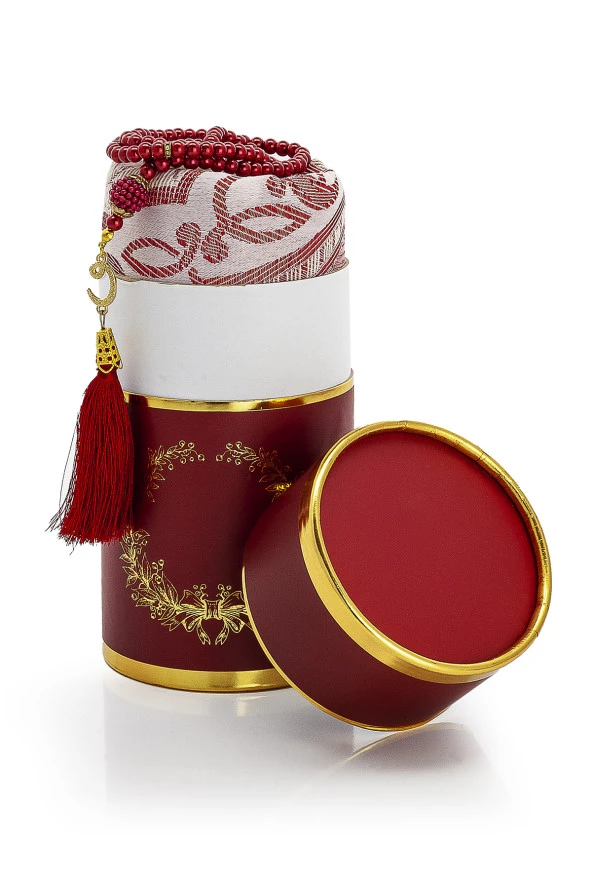 Özel Silindir Kutulu Seccade Seti Bordo - Resim 4