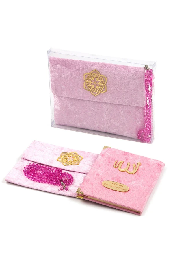 20 Adet Kadife Kaplı Yasin Kitabı - Çanta Boy - İsme Özel Plakalı - Tesbihli - Keseli - Kutulu - Pembe Renk - Mevlit Hediyeliği - Resim 4