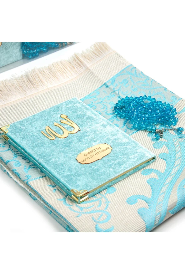 Kadife Yasin Kitabı Çanta Boy İsme Özel Plakalı Seccadeli Tesbihli Kutulu Mavi - Resim 2