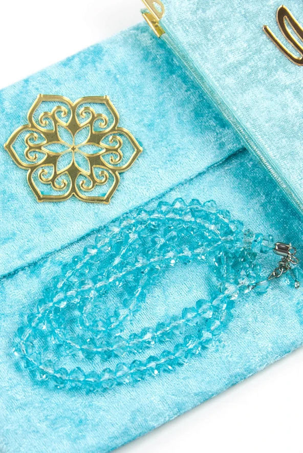 10 Adet Kadife Kaplı Yasin Kitabı - Çanta Boy - İsme Özel Plakalı - Tesbihli - Keseli - Kutulu - Mavi Renk - Mevlit Hediyeliği - Resim 2