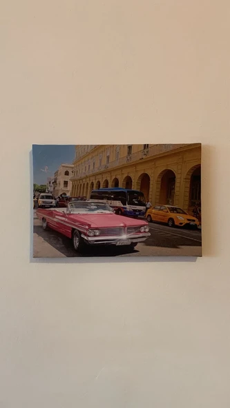 Pembe Araba Temalı Natürel Tasarım Ahşap Çerçeve Ev İşyeri Duvar Kanvas Tablo ARB9