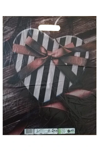 Baskılı Mağaza Poşeti (No 4) 50 Adet Kurdele Kalpli Desenli Takviyeli Poşet