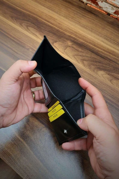 Erkek Cüzdan |3 Katlamalı | Çıtçıtlı Kapak | 7 Kart Cepli | Kücük Modern Tasarım | Siyah Renk - Resim 5