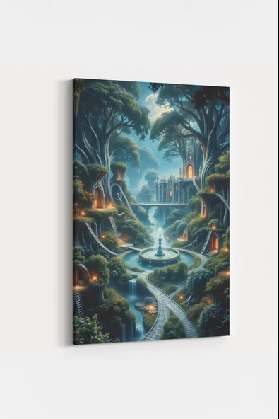 Büyülü Ağaç Evler ve Şelaleler Manzarası Tablosu Yüksek Fantasy Peyzaj Sanatı %100 Pamuk Kanvas - 2
