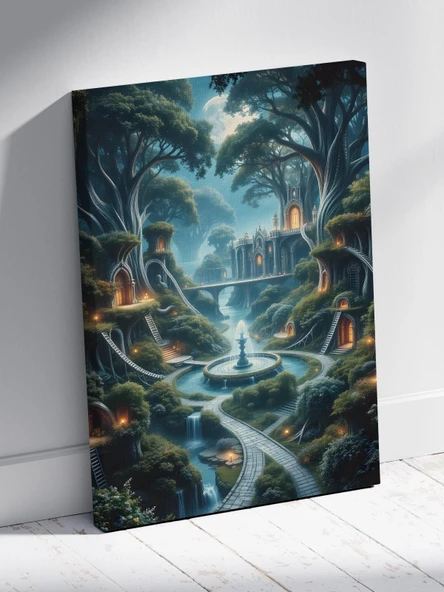Büyülü Ağaç Evler ve Şelaleler Manzarası Tablosu Yüksek Fantasy Peyzaj Sanatı %100 Pamuk Kanvas - 3