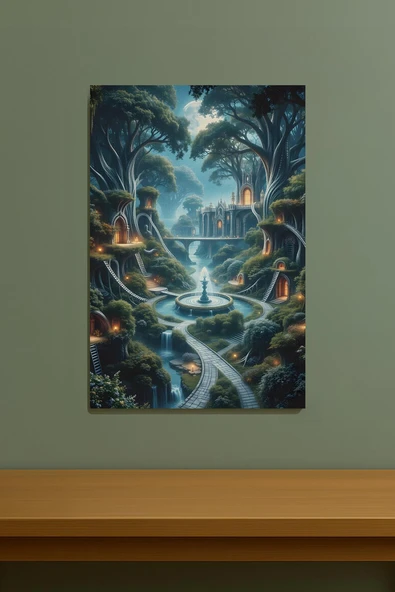 Büyülü Ağaç Evler ve Şelaleler Manzarası Tablosu Yüksek Fantasy Peyzaj Sanatı %100 Pamuk Kanvas - 4