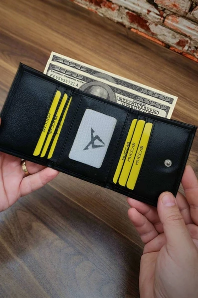Erkek Cüzdan |3 Katlamalı | Çıtçıtlı Kapak | 7 Kart Cepli | Kücük Modern Tasarım | Siyah Renk - Resim 4