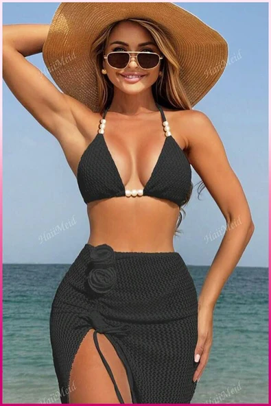 Gül Aksesuarlı Şık Pareo ve Bikini Takımı , Deniz & Plaj Seti