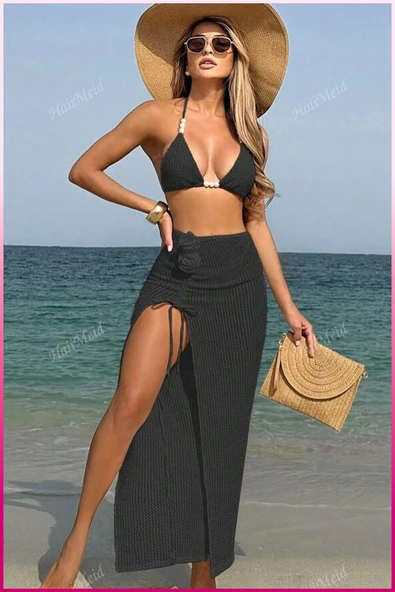 Gül Aksesuarlı Şık Pareo ve Bikini Takımı , Deniz & Plaj Seti - 5