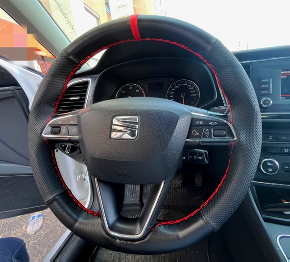 DİKİŞLİ DİREKSİYON KILIFI NOKTALI DERİ MİNİKARE KARBON DERİ KIRMIZI YÜZÜK / DİKİŞLİ SEAT LEON ürün görseli