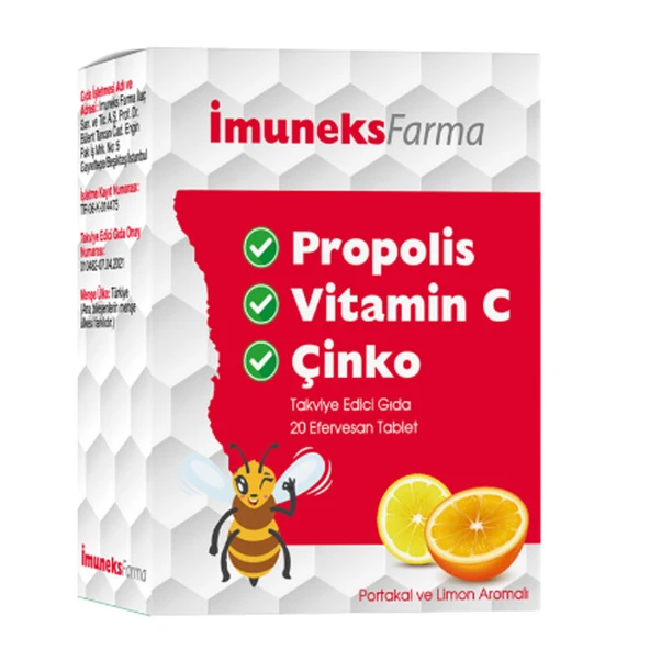 Imuneks Propolis Vitamin C Çinko içeren Takviye Edici Gıda 20 Efervesan Tablet ürün görseli