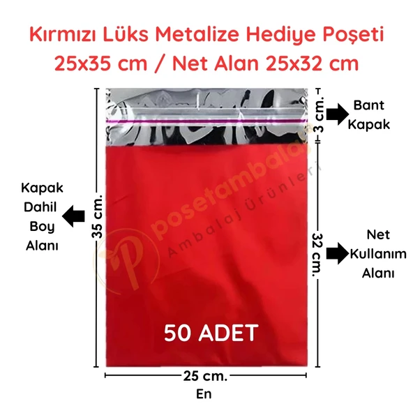 25x35 cm Kırmızı Renk Bantlı Lüks Metalize Hediyelik Poşet (50 Adet)