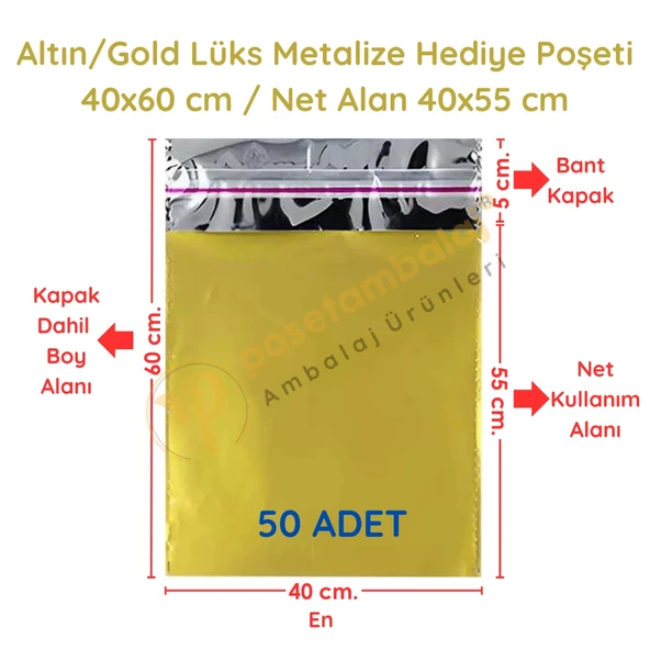 40x60 cm Altın Renk Bantlı Lüks Metalize Hediyelik Poşet (50 Adet)