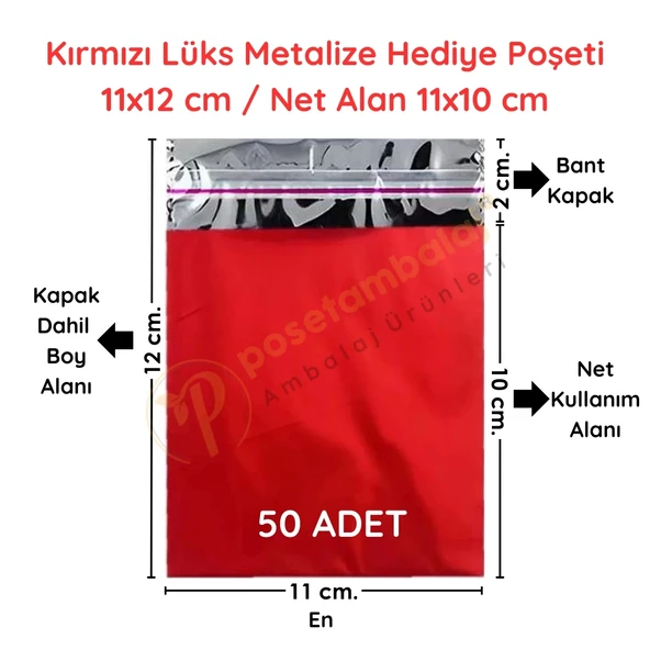 11x12 cm Kırmızı Renk Bantlı Lüks Metalize Hediyelik Poşet (50 Adet)
