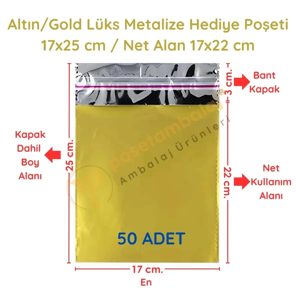 17x25 cm Altın Renk Bantlı Lüks Metalize Hediyelik Poşet (50 Adet)